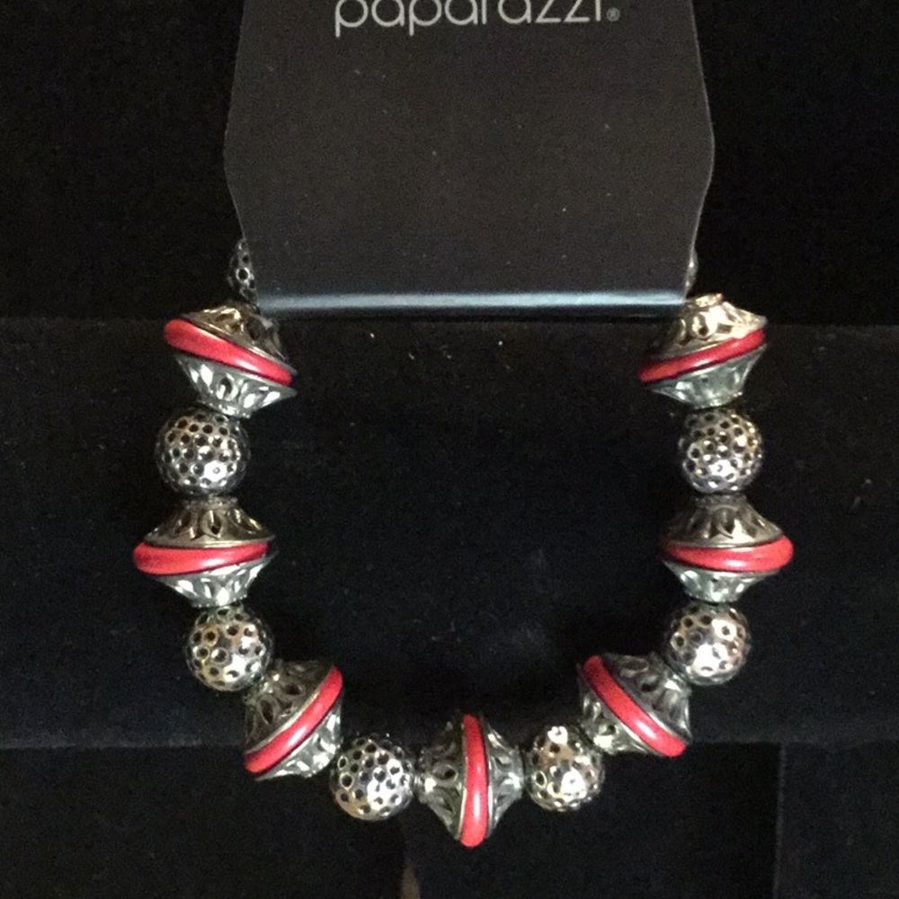 Bracelet: Red & Silver.